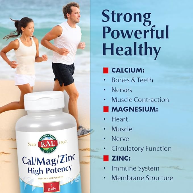 KAL Cal/Mag/Zinc | 1000mg Calcium 400mg Magnesium &amp 15mg Zinc | Bone Muscle Heart &amp Immune Support | 250ct 83 Serv.