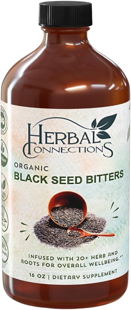 Organic Black Seed Bitters with Maca and Honey - Infused with 20+ Herbs and Roots - Vegan and Gluten-Free 16 Ounces