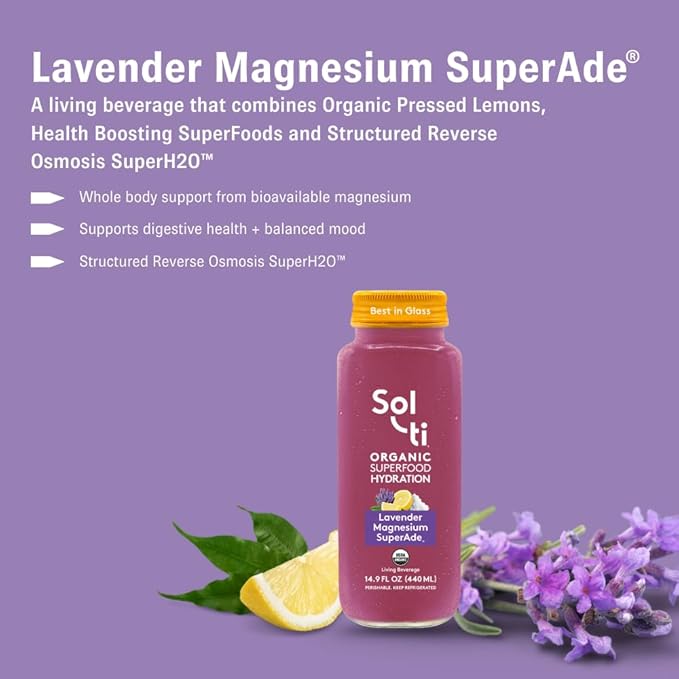 Organic SuperAde Hydration Drink Digestive Health + Balanced Mood SuperFood Lemonade by Sol-ti Cold-Pressed Lavender Magnesium &amp Lemon Juice Blend16 Pack (14.9 Fl oz)