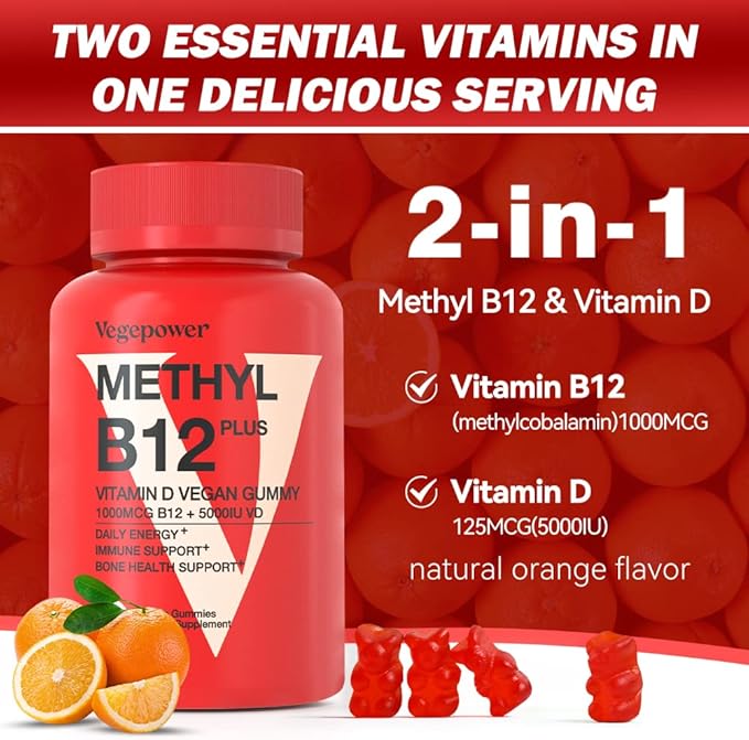 Vegan Omega-3 + Vitamin B12 Gummy | Algae Omega-3 DHA Supplements for Brain Heart Eyes Health | Methyl B12 1000 mcg &amp Vitamin D 5000 IU for Energy and Immune Support - 90 Count