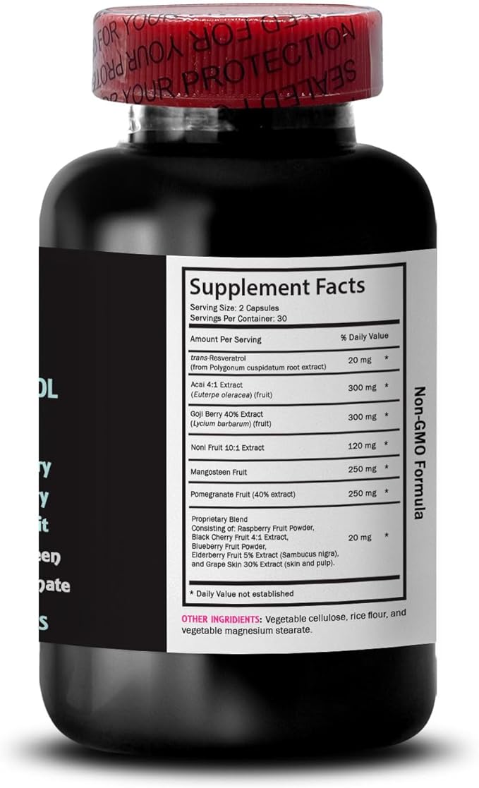 Berry Benefits - RESVERATROL COMLEX - Daily Support Acai Berry Energy Goji Berry Power Grape Skin Boost Hydration Factor Elderberry Strength Nutritional Support 3 Bottles 180 Capsules