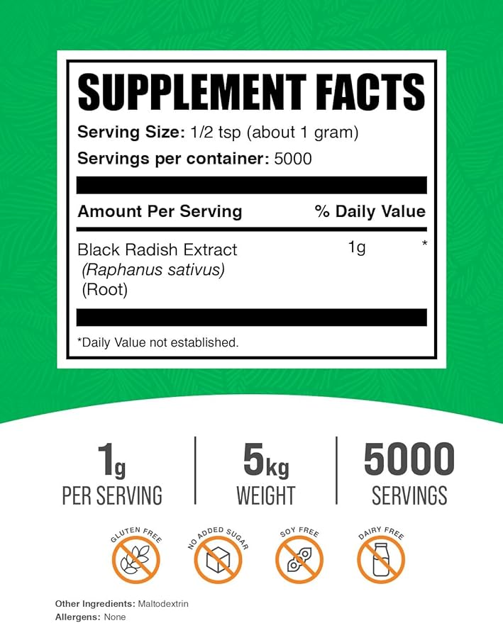 BulkSupplements.com Black Radish Extract Powder - Spanish Black Radish Supplement Herbal Supplement - Vegan &amp Gluten Free 1g per Serving 1kg (Pack of 5) (11 lbs)