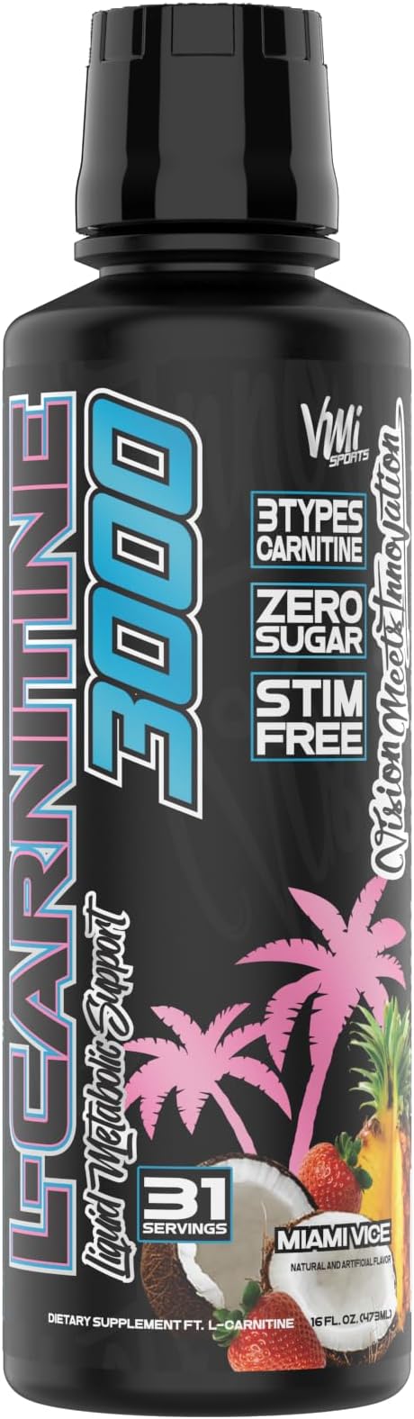 L-Carnitine 3000 Liquid | 3000 mg Carnitine Supplement | Zero Calorie Zero Sugar Keto Friendly for Men and Women – Great Tasting| 31 Servings (Miami Vice 16 fl. oz.)