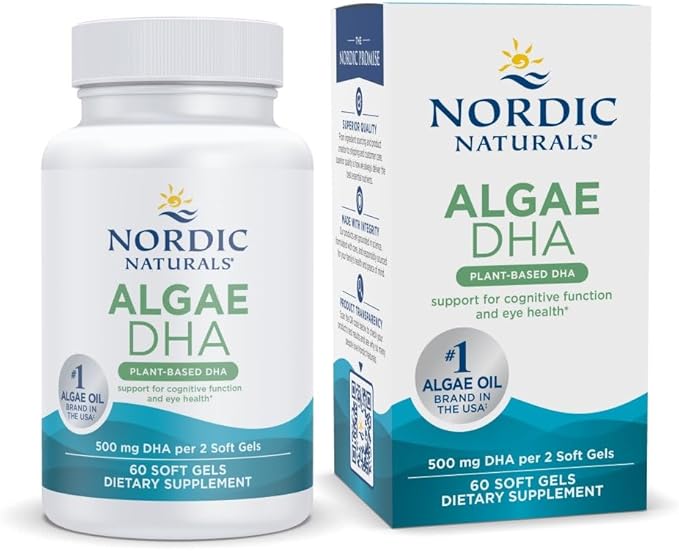 Nordic Naturals Algae DHA - 60 Soft Gels - 500 mg Omega-3 DHA - Certified Vegan Algae Oil - Plant-Based DHA - Brain Eye &amp Nervous System Support - Non-GMO - 30 Servings