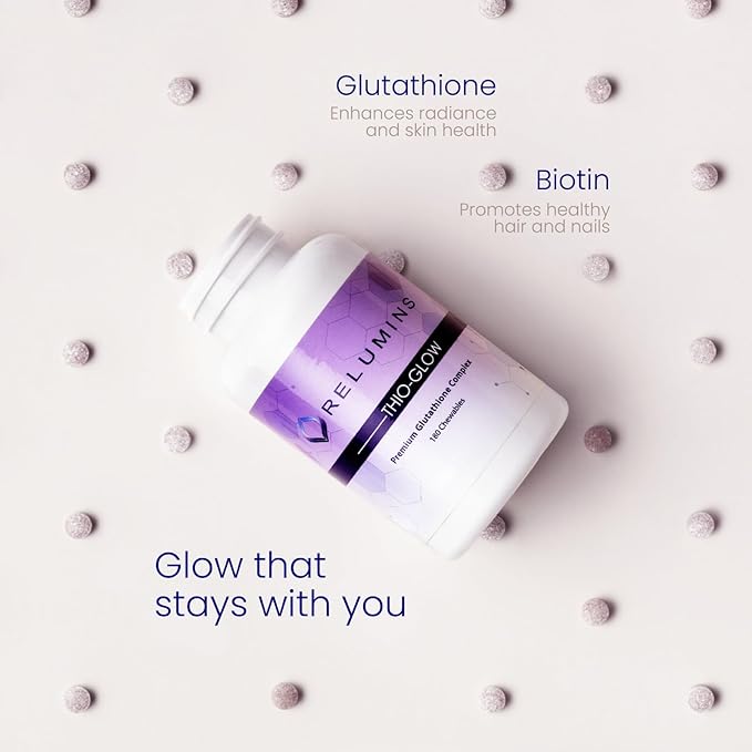 Relumins Labs Thio-Glow Chewable Sublingual Glutathione Complex with Biotin VIT C &amp E Plus Grapeseed Polyphenols – 330mg Gluta Per Serving – 4X More Effective Spring Glow Essential x 3 Bots