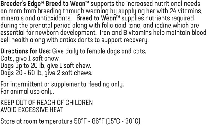 Breeder's Edge Breed to Wean Prenatal and Postnatal Multivitamin for Dogs &amp Cats Supports Pregnant &amp Nursing Moms Supplement Provides Antioxidants Vitamins &amp Minerals 100ct for Cats &
