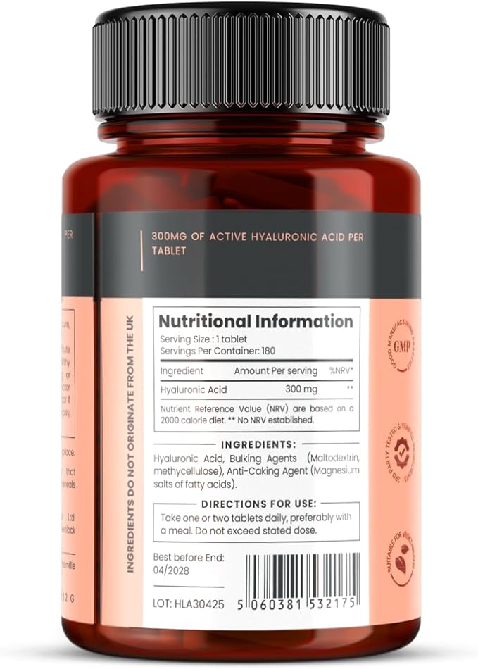 pureclinica Hyaluronic Acid 300mg x 1080 Tablets (6 Bottles of 180 Tablets - 3 Years Supply). Triple Strength Hyaluronic Acid. 300% Stronger Than Any Other HLA Tablet