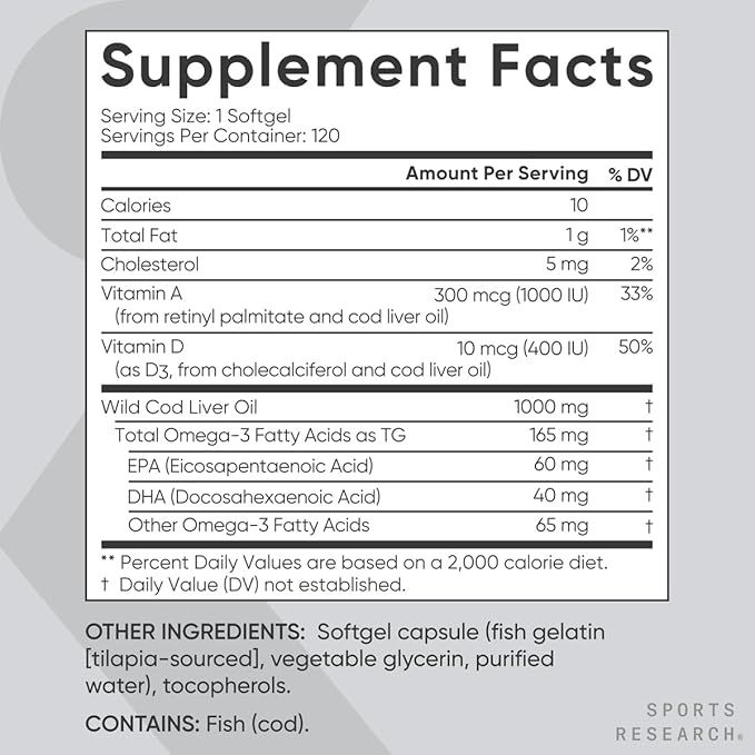 Sports Research® Omega-3 Wild Alaskan Cod Liver Oil 1000mg with Vitamins A (1000 IU) &amp D3 (400 IU) - Burpless Bovine Free Non-GMO &amp MSC Certified Sustainable - 120 Softgels
