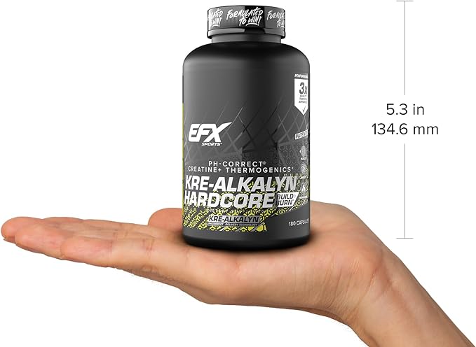 EFX Sports Kre-Alkalyn Hardcore | Thermogenic pH Correct Creatine Monohydrate Pill Supplement | Energy &amp Strength Pre Workout | 60 Servings 180 Capsules