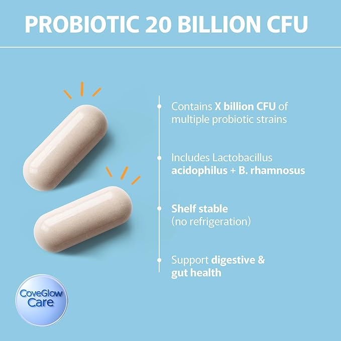 CoveGlow Probiotic 20 Billion-L. Acidophilus L. Rhamnosus &amp B. Lactis - Natural Digestive &amp Immune Support Formula in Vegetable Capsules