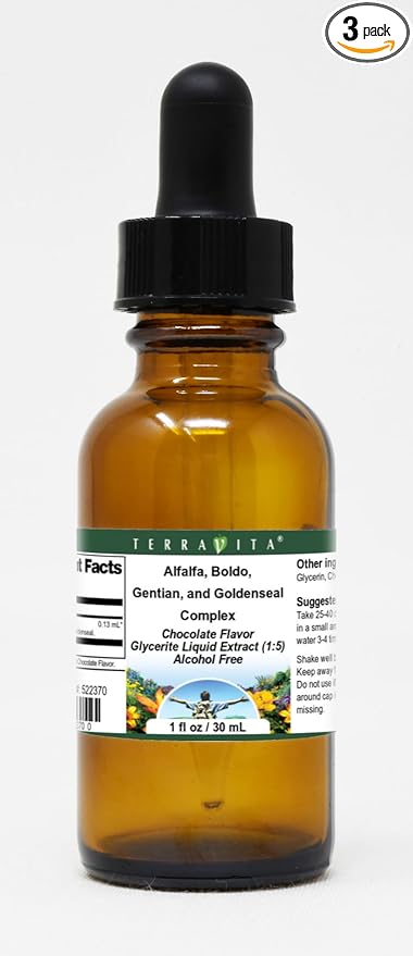 Terravita Alfalfa Boldo Gentian and Goldenseal Complex Glycerite Liquid Extract (1:5) - Chocolate Flavored (1 oz ZIN: 522370) - 3 Pack