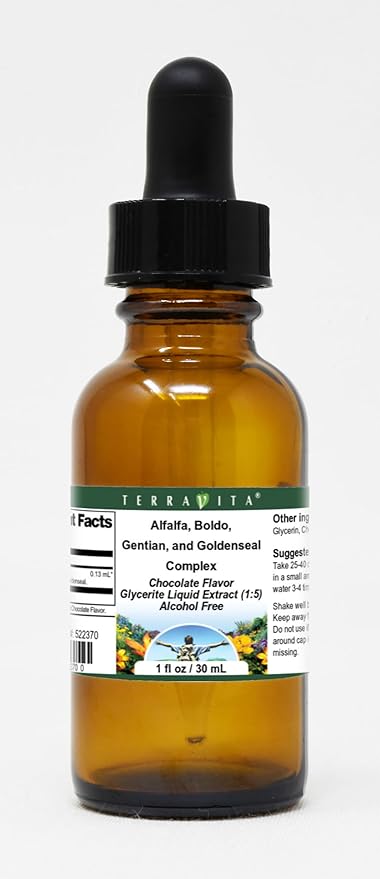 Terravita Alfalfa Boldo Gentian and Goldenseal Complex Glycerite Liquid Extract (1:5) - Chocolate Flavored (1 oz ZIN: 522370)