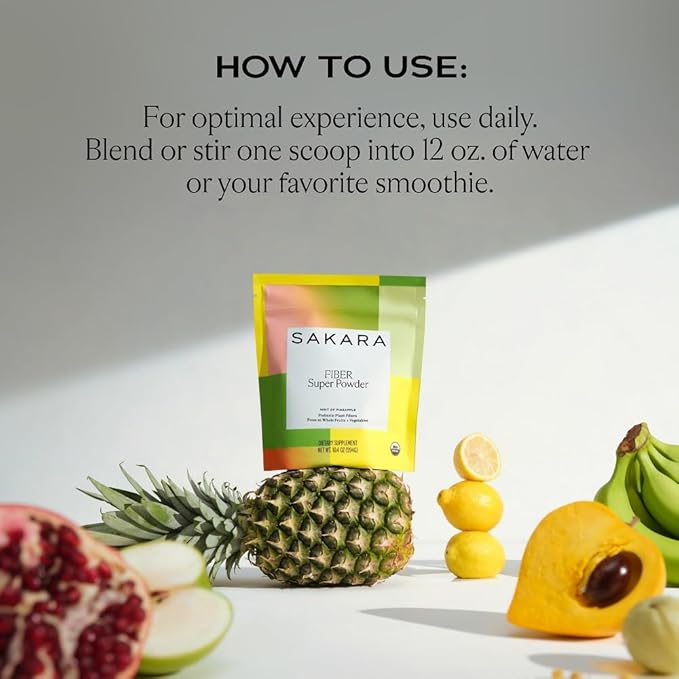 SAKARA Fiber Super Powder - Pineapple Flavor Prebiotic Fiber Powder High Fiber &amp Digestive Enzymes Organic Fiber Supplement Powder Daily Fiber Drink Acacia Fiber Powder