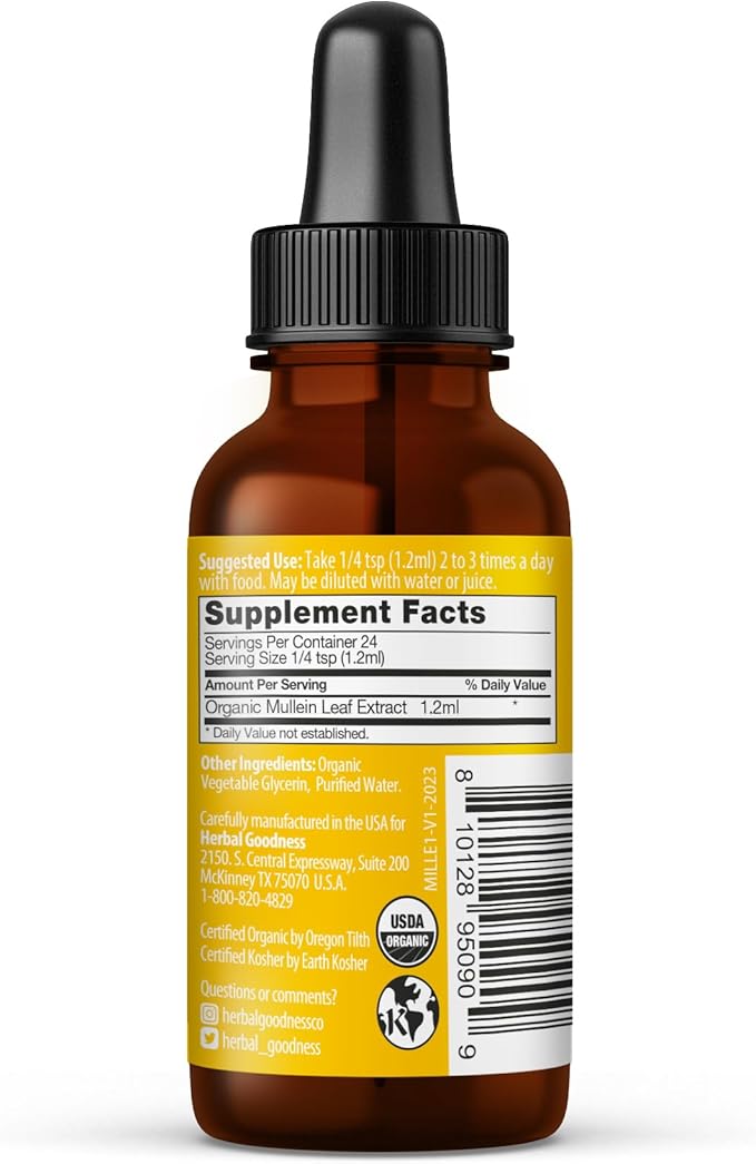 Herbal Goodness Mullein Leaf Extract - Mullein Drop for Lungs Detox Herbal Expectorant and Antioxidants Properties for Respiratory &amp Digestive Health - Mullein Tincture 1oz