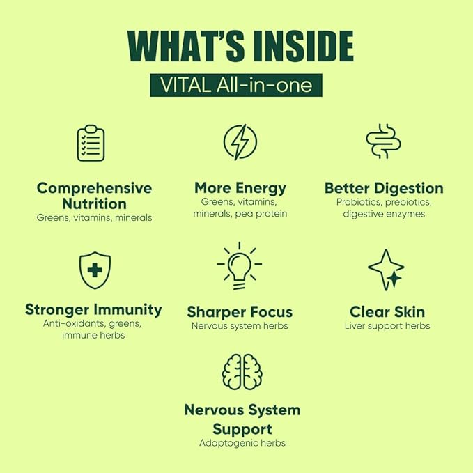 Vital All-in-One Daily Powdered Supplement - Natural Greens Superfood Powder for Energy &amp Health Super Greens Powder Drink Mix with Probiotic &amp Antioxidant Support - 10.58 oz (300 g)