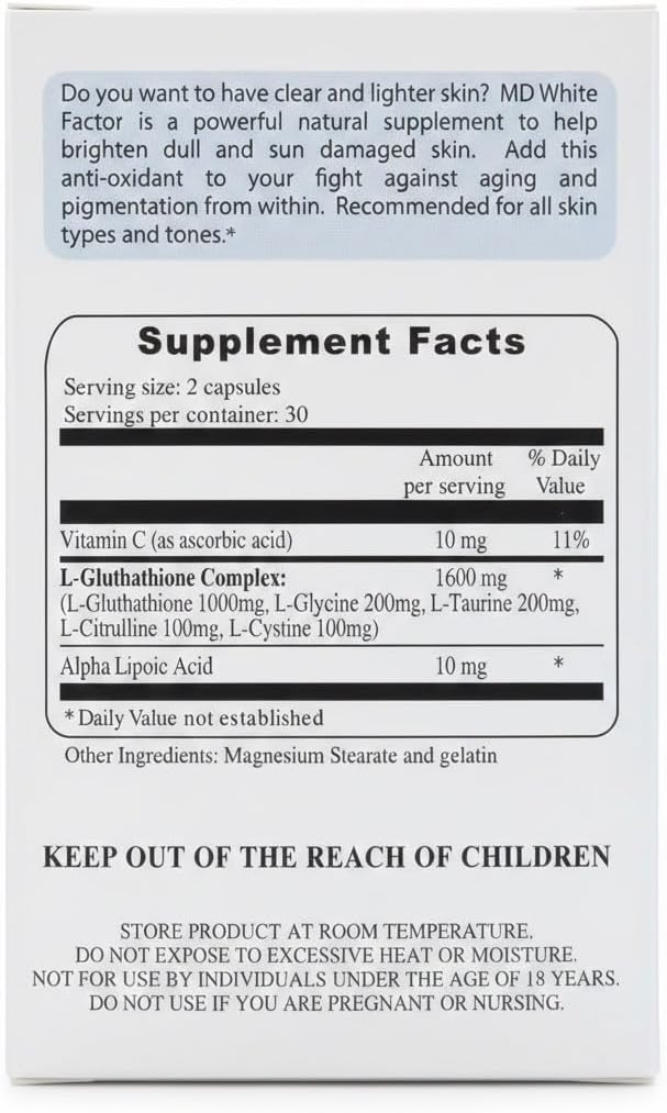 MD White Factor - Glutathione Supplement with Effective Antioxidants Vitamin C &amp Lipoic Acid | (60 Capsules)