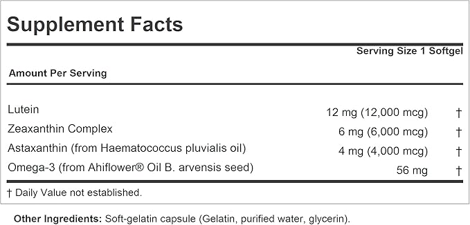 ANDREW LESSMAN Maximum L+Z with Astaxanthin 30 Softgels - 12mg Lutein 6mg Zeaxanthin 4mg Astaxanthin. Key Nutrients to Support Eye and Brain Health and Promote Healthy Vision.
