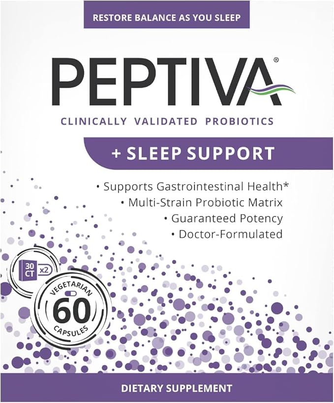 Peptiva 26 Billion CFU Probiotic and Sleep Support - Clinically Validated Multi-Strain Probiotic - Lactobacillus and Bifidobacterium Melatonin - 60 Count