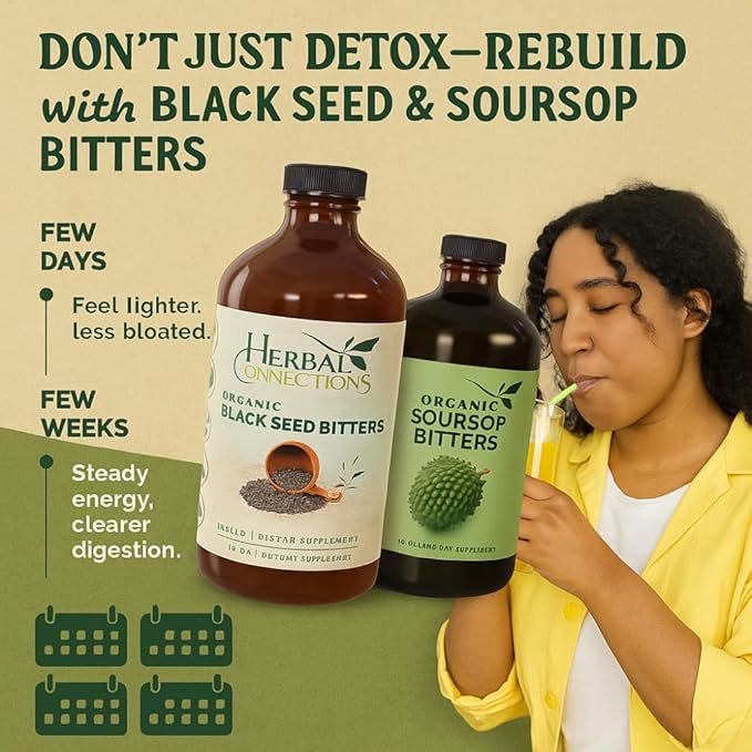 Herbal Connections Organic Soursop &amp Black Seed Bitters Bundle - Natural Plant-Based Ingredients for Gentle Detox &amp Digestive Health Two Bottles 32 Ounces (16 Ounces Each) 64 Servings