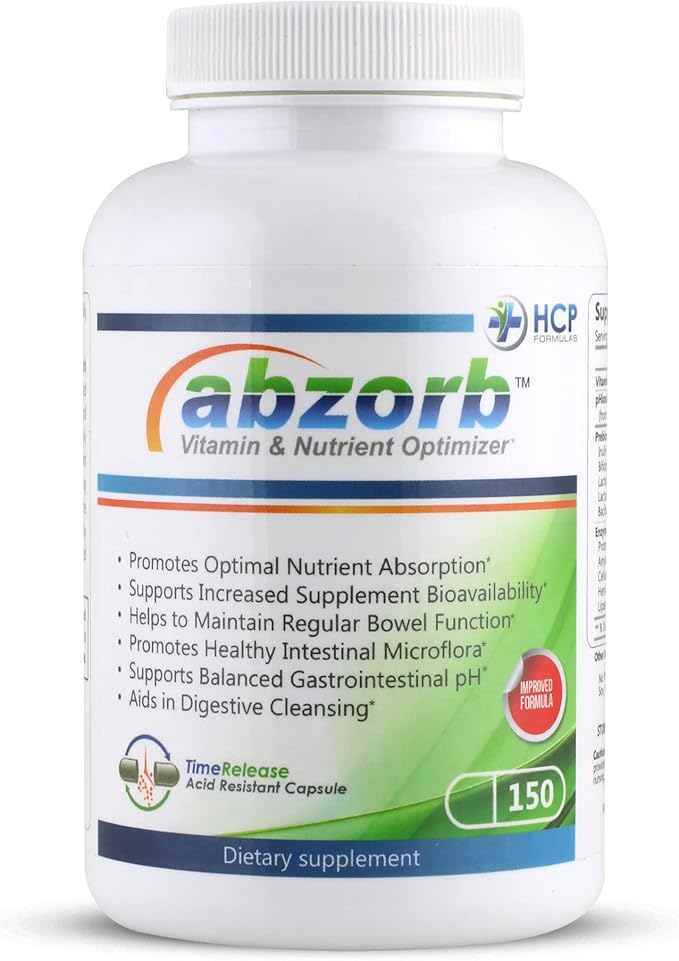 Abzorb - Vitamin &amp Nutrient Optimizer - Digestive Enzymes Probiotics &amp Magnesium Oxide Complex - Balance Intestinal Flora - Gut Health &amp Bowel Support - Dietary Supplement - 150 Caps