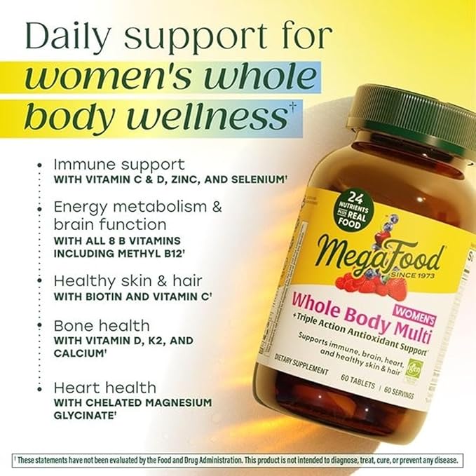 MegaFood Whole Body Methylated Multivitamin for Women - Womens Multivitamin with Magnesium Glycinate Biotin &amp Methylcobalamin B12 Vitamins - Daily Energy &amp Immune Support - 60 Tablets 60 Ser