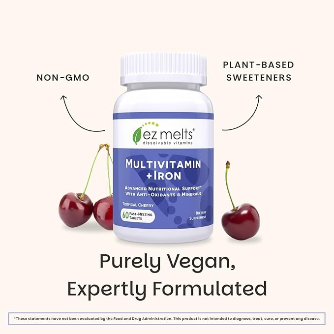 EZ Melts Multivitamin + Iron - Daily Multivitamin for Women &amp Men - Supports Healthy Energy Levels &amp Antioxidant Protection - Non-GMO &amp Vegan - Tropical Cherry - 60 Dissolvable Tablets (30