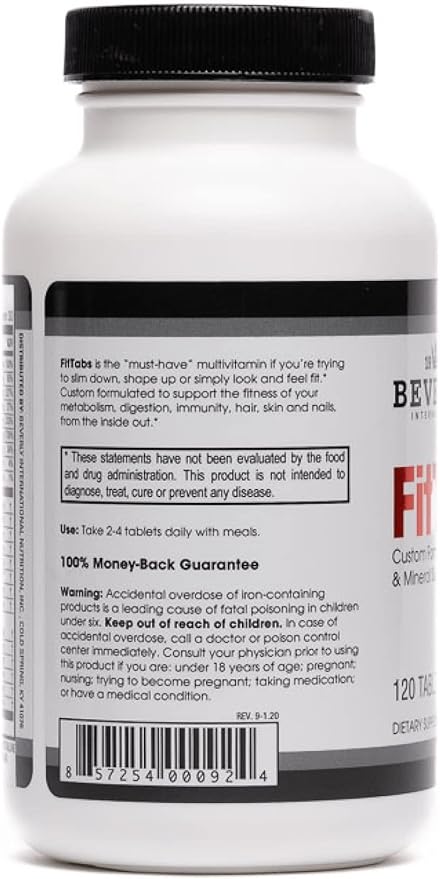 Beverly International Fit Tabs Daily Multi-Vitamin/Mineral with Iron Peptonate120 Tablets. (30 Servings) Notice the Difference. Don’t Miss Out on the Healthy Benefits. Your Mind &amp Body is Priorit