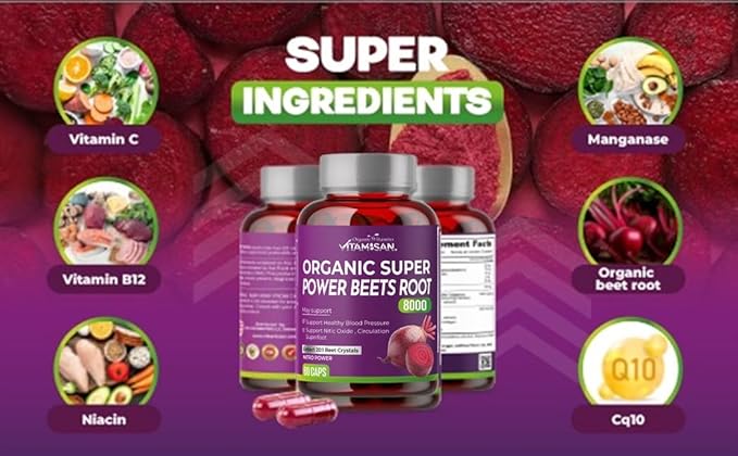 VITAMISAN Beets Root 8000mg – 2 Pack (120 Capsules) – Blood Pressure Support with CoQ10 and Collagen