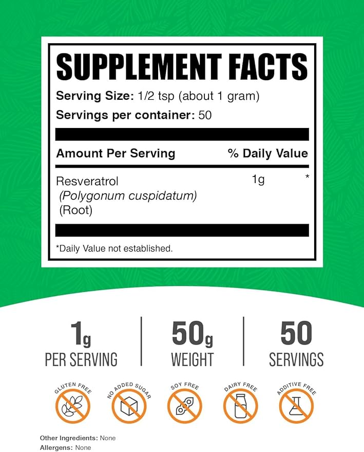 BulkSupplements.com Resveratrol Powder - Resveratrol Supplement from Polygonum Cuspidatum - Antioxidant Gluten Free 1g per Serving 50g (1.8 oz) (Pack of 1)