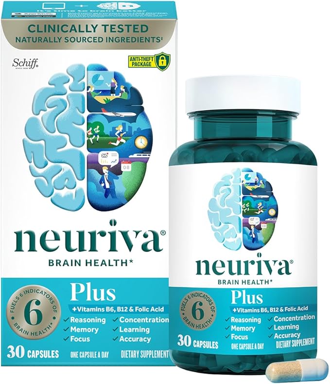 NEURIVA Plus Brain Supplement for Memory and Focus Clinically Tested Nootropics for Concentration for Mental Clarity Cognitive Enhancement Vitamins B6 B12 Phosphatidylserine 30 Capsules