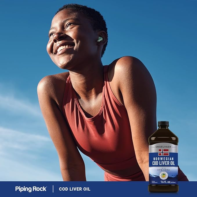 Piping Rock Cod Liver Oil Liquid | 16 fl oz | with EPA and DHA | Engelvaer Norwegian | Lemon Flavor | Non GMO Gluten Free Supplement