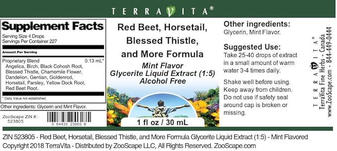 Terravita Red Beet Horsetail Blessed Thistle and More Formula Glycerite Liquid Extract (1:5) - Mint Flavored (1 oz ZIN: 523805)