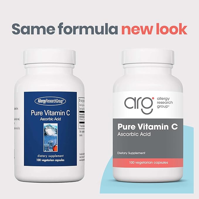 Allergy Research Group ARG Pure Vitamin C - 2 g Ascorbic Acid - Antioxidant &amp Immune System Support - Unbuffered Supplement - Hypoallergenic - 50 Servings - 100 Capsules