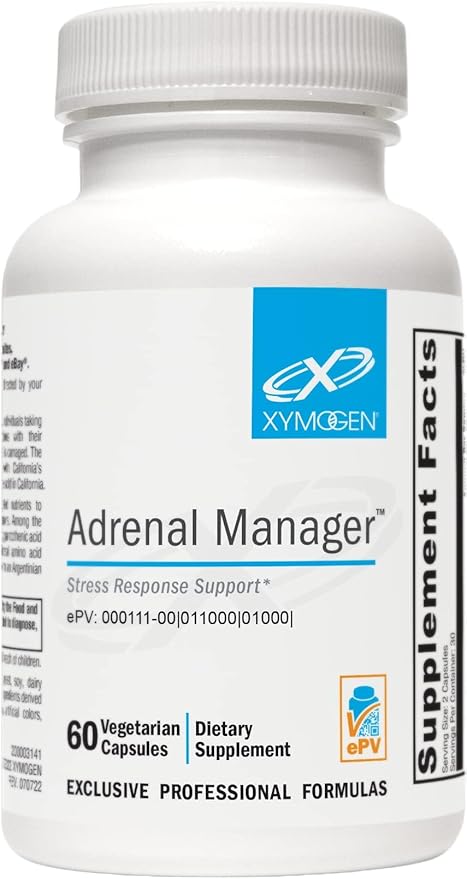 XYMOGEN Adrenal Manager - Energy Stress Response + Adrenal Gland Support - Adrenal Supplement with L-Tyrosine Zinc Chelate VIT B6 Magnesium Pantothenic Acid Rhodiola Rosea (60 Capsules)