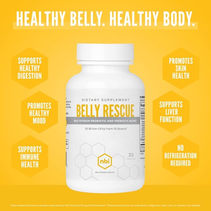 NBI Belly Rescue: Probiotics &amp Prebiotics Blend for Women &amp Men Once Daily for Digestive Skin and Immune Health Shelf Stable