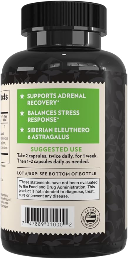 Crystal Star Adrenal Support Supplement (60 Capsules) – Daily Herbal Cortisol Supplement for Stress Relief &amp Adrenal Fatigue - Siberian Eleuthero Licorice Uva Ursi Astragalus &amp Fo-ti – Non-