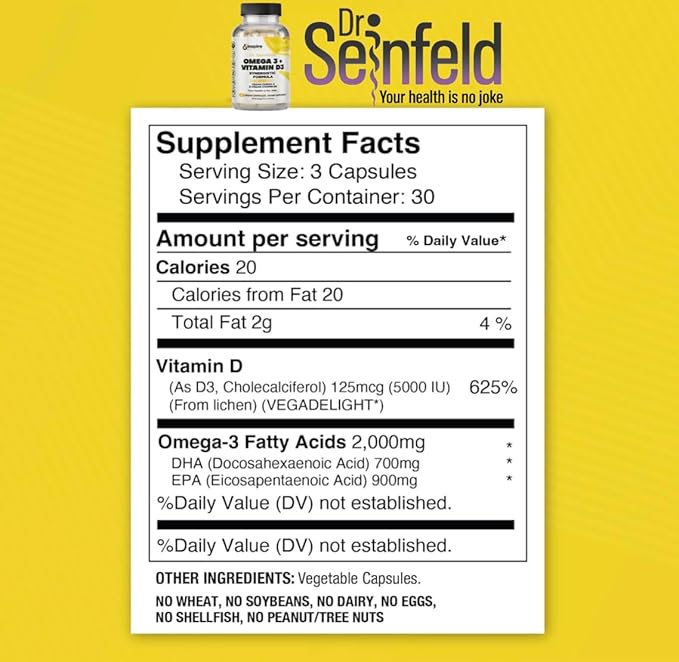 Dr. Seinfeld Vegan Algae Omega 3 and Vitamin D3 Supplement for Men and Women 90Ct