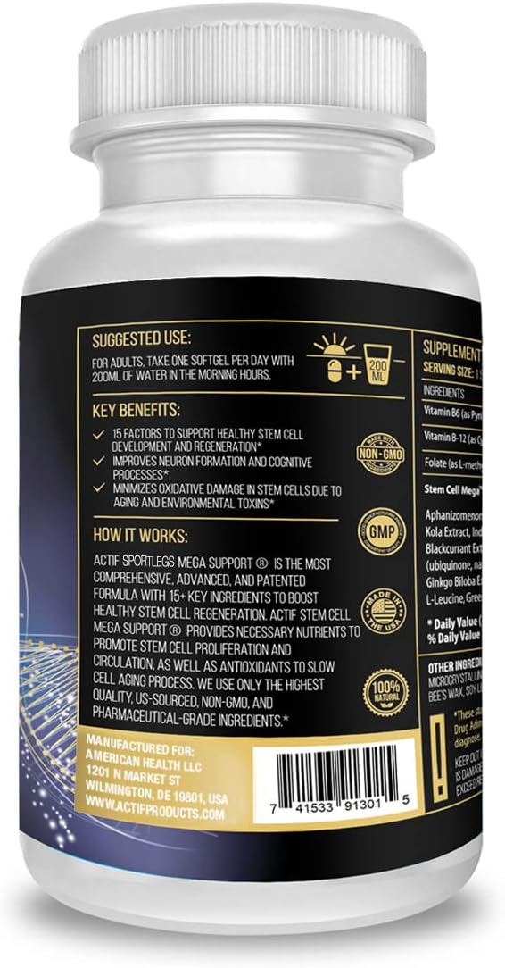 ACTIF Stem Cell Mega Support with 15 Factors - Non-GMO 2 Month Supply Made in USA