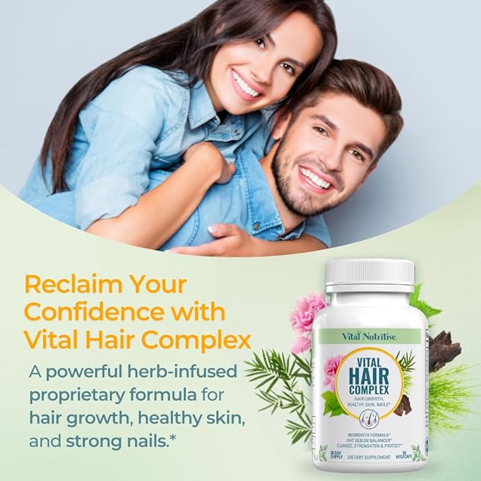 VITAL NUTRITIVE Vital Hair Complex – Biotin &amp Vitamin B Hair Vitamins for Women &amp Men – Supports Healthy Hair Skin &amp Nails – Hormone-Free Gluten-Free – Hair Supplement for Women &amp Me