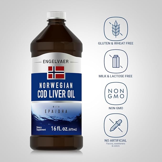 Piping Rock Cod Liver Oil Liquid | 16 fl oz | with EPA DHA | Engelvaer Norwegian | Non-GMO Gluten Free Supplement
