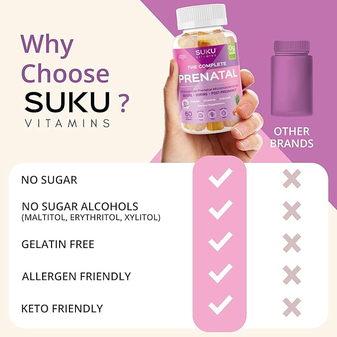 SUKU Prenatal Multivitamin Gummies – Folate Calcium Vitamin D3 B12 K2 – Sugar-Free Vegetarian Gluten-Free Pregnancy Support – Pineapple Peach Flavor – 60 Count