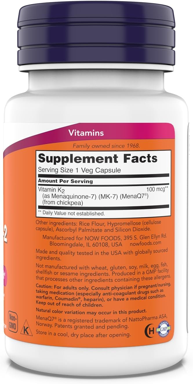 Now Supplements MK-7 Vitamin K-2 100 mcg Cardiovascular Support* Supports Bone Health* 180 Veg Capsules
