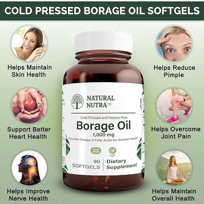 Natural Borage Oil Supplement – Rich in Gamma-linolenic Acid (GLA) A Potent Omega-6 Essential Fatty Acid Known for Supporting Skin Nerve and Joint Health 90 Softgels.