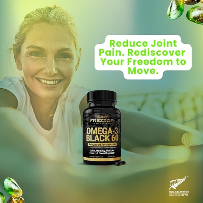 FREZZOR Omega 3 Black for Joint Care &amp Comfort - New Zealand Green Lipped Mussel Oil Capsules 53x Higher Potency with UAF1000+ Super Antioxidant No Fishy Aftertaste 60 Count (Pack of 3)