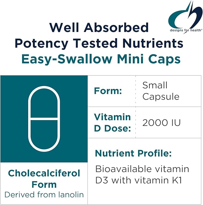 Designs for Health Vitamin D Synergy - 2000 IU Vitamin D with K Supplement - Supports Healthy Moods Bone Health + Immune Health for Adults - VIT D3 + Vitamin K - Gluten Free + Non-GMO (120 Capsules)