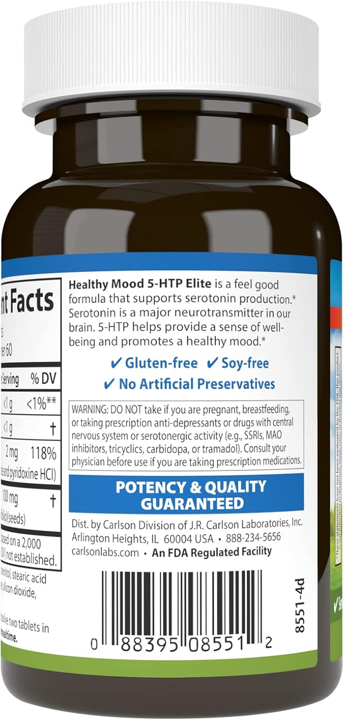 Carlson - Healthy Mood 5-HTP Elite 100 mg Serotonin Production Healthy Mood &amp Promotes Relaxation Natural Raspberry Flavor 120 Tablets