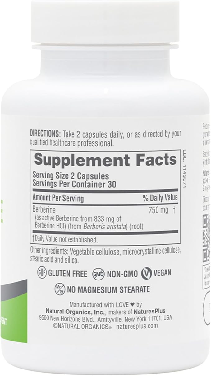 NaturesPlus PRO Berberine 750 mg - 60 Capsules - Supports Healthy Metabolism - Non-GMO Vegan &amp Gluten Free - 30 Servings