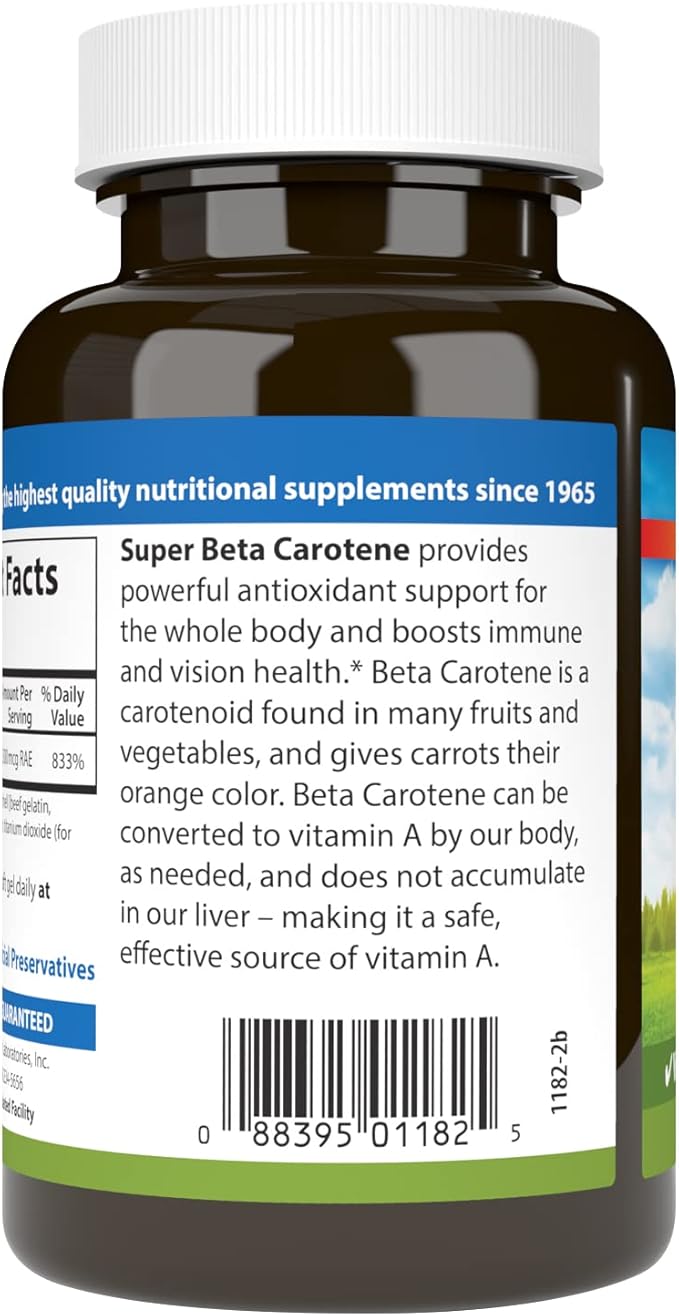 Carlson - Super Beta Carotene 25000 IU (15 mg) Vitamin A as Beta Carotene Bioavailable and Bioactive Form Vision Health Healthy Skin 250 Softgels