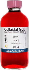 True Colloidal Gold – 25 ppm - 99.99+% Purity - 250 mL (8.45 Fl Oz) in Clear Glass Bottle - Made in USA