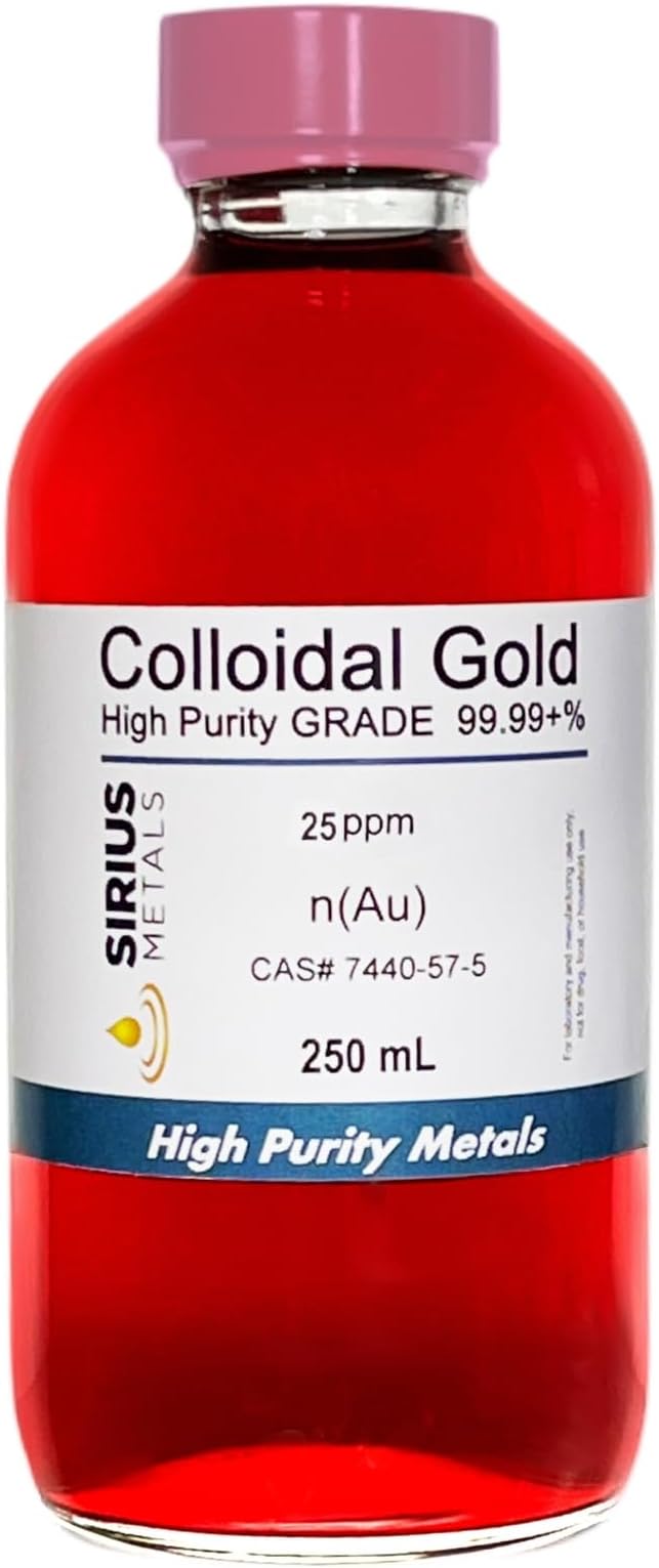 True Colloidal Gold – 25 ppm - 99.99+% Purity - 250 mL (8.45 Fl Oz) in Clear Glass Bottle - Made in USA